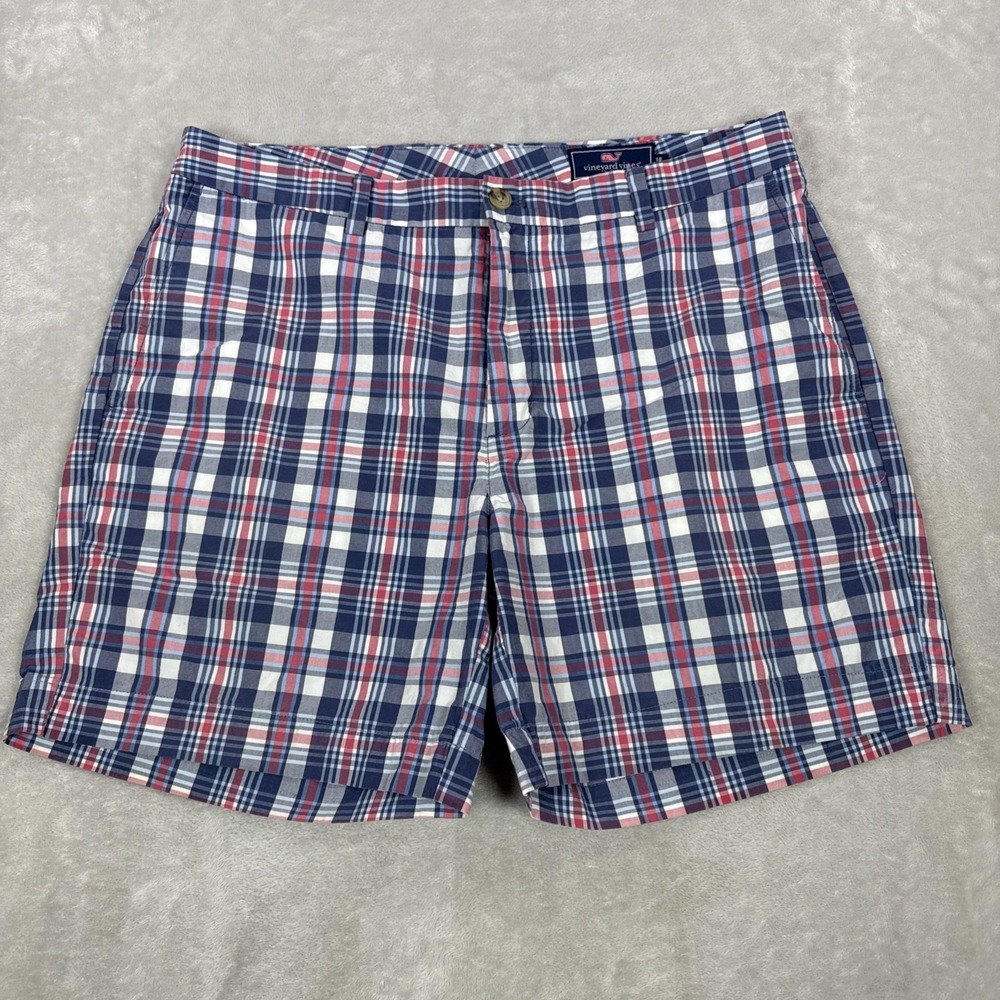 Vineyard Vines Breaker Shorts 6" Chino Pockets Cotton Plaid Pink Blue Mens 38
